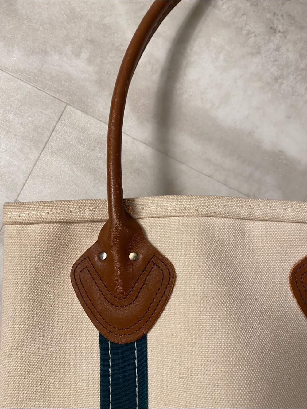 Vintage 90’sL.L. Bean Cream Canvas Mini Tote with Teal Trim & Leather Handles - Picture 4 of 8